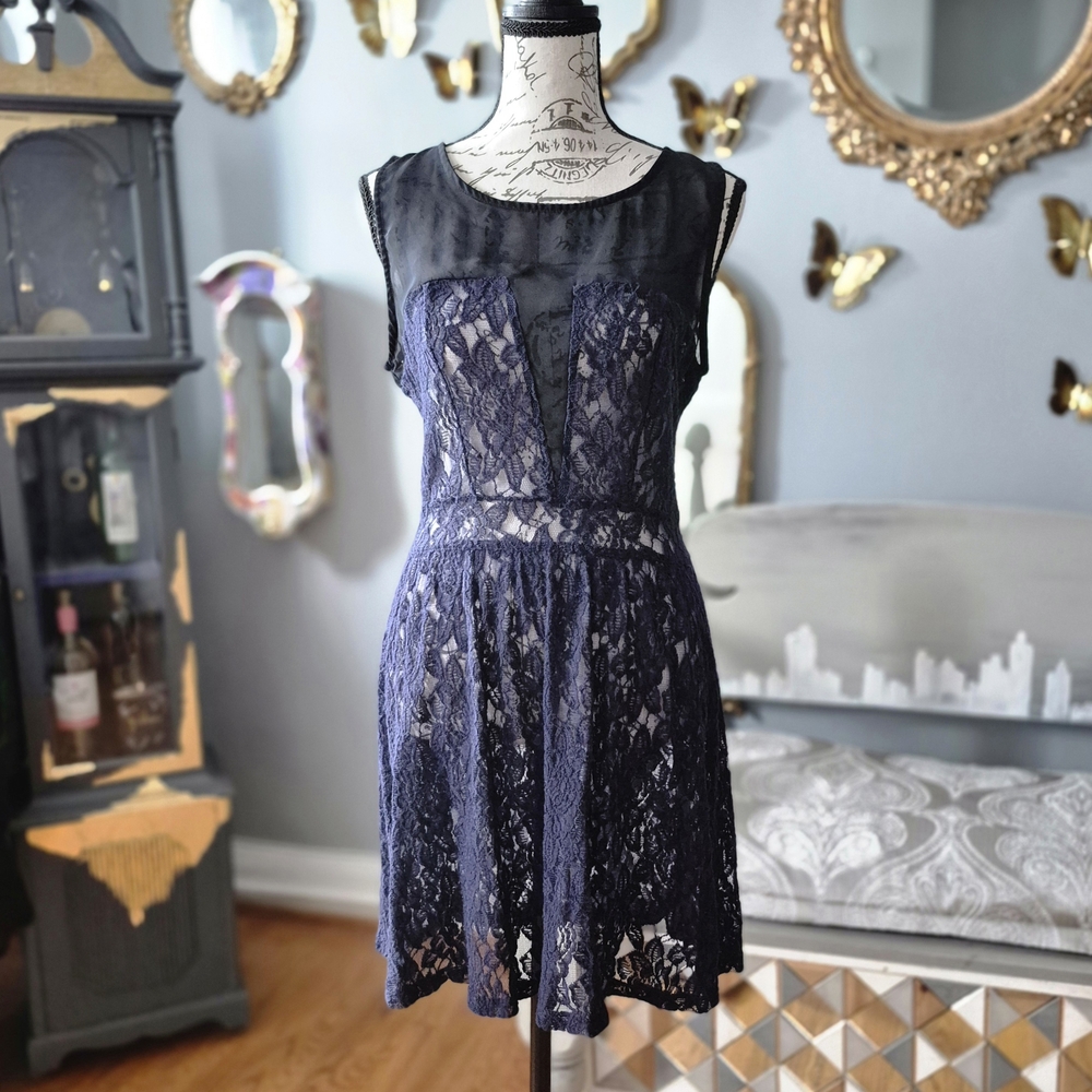 Rewind Black and Navy Lace Mini Dress
